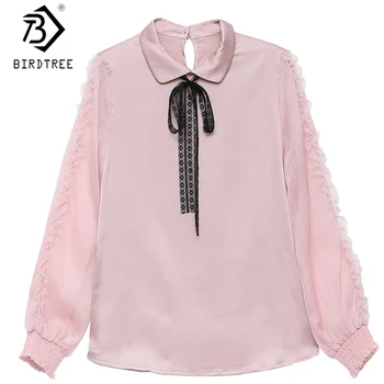 

2020 Spring New Women's Shirt Turn-down Collar Long Sleeve Chiffon Female Blouse Office Lady Lace Fashion Tops T9D637S