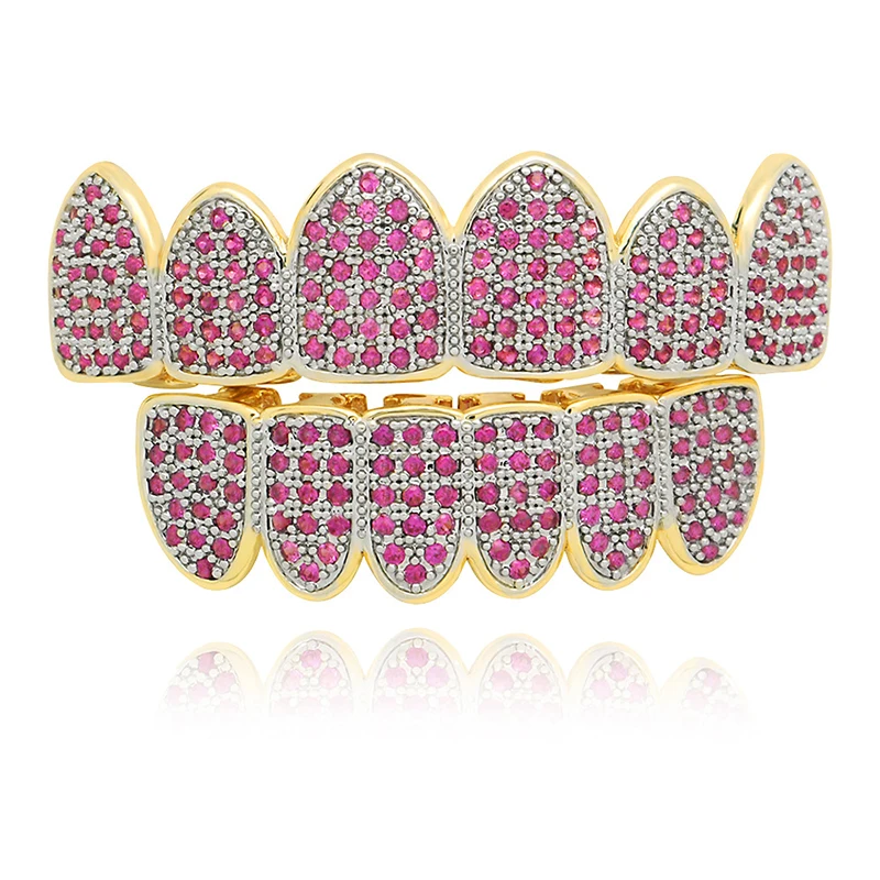 Full Iced Out Cubic Zircon Teeth Grillz Pink Color Rhinestone Dental