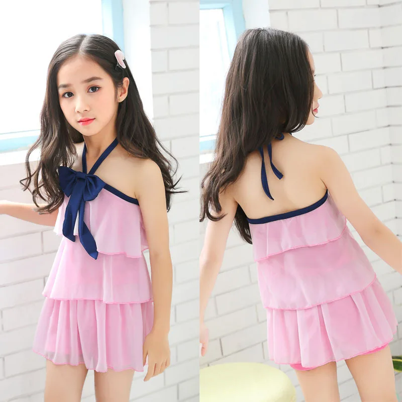 

KID'S Swimwear Girls One-piece Cute GIRL'S Students 5-10-Year-Old Solid Color Layered Boxers Conservative Baby GIRL'S Swimwear