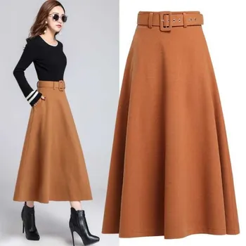 

New Winter Ladies Wool Skirts A-line Midi Skirt With Belt Elegant High Waist Long Woolen Skirts Women Fashion Red/Grey/Black 2XL