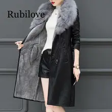 Кожаная куртка для женщин плюс бархат толстый длинный участок тонкий большой меховой воротник кожаные пальто черная одежда женские пальто