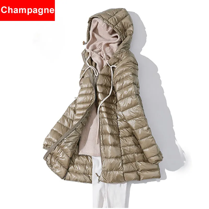 Champagne Hooded Зимняя женская куртка размера плюс 5XL 6XL 7XL с капюшоном, пуховики средней длины, ультра-светильник, пуховик с капюшоном, осенняя парка - Цвет: Champagne Hooded