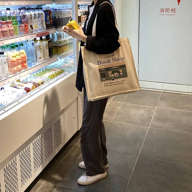 Women Canvas Shopping Bag Library Books Bag Ladies Cotton Cloth Shoulder Bags Eco Handbag Reusable Grocery Shopper Tote For Girl 