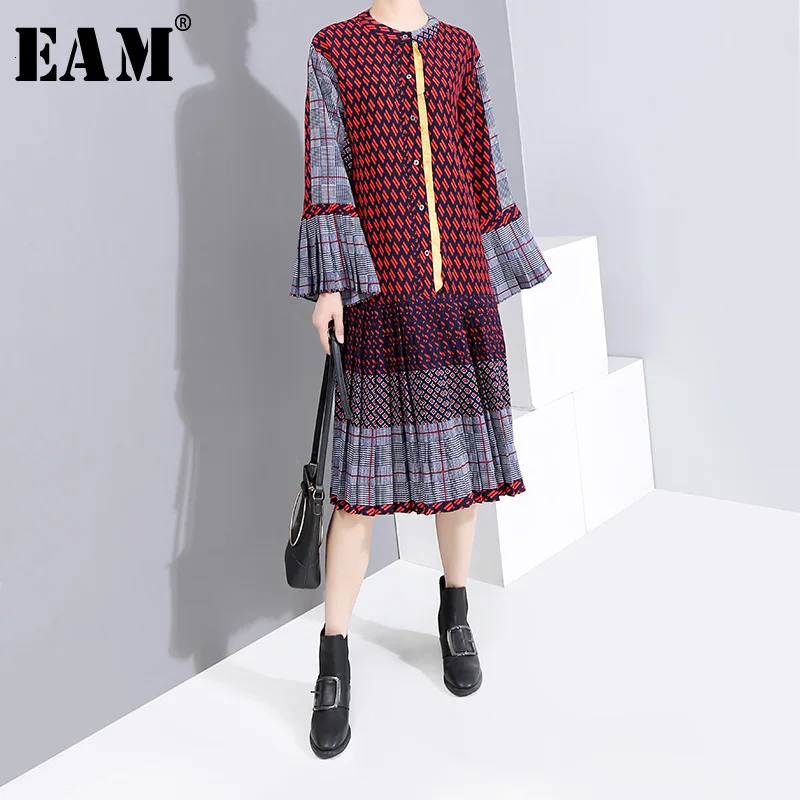 

[EAM] Women Pattern Printed Pleated Dress New Stand Collar Long Flare Sleeve Loose Fit Fashion Tide Spring Autumn 2019 1H569