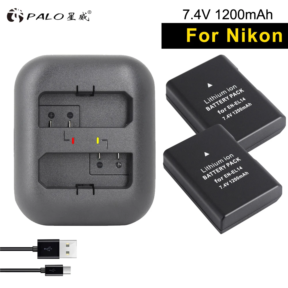 

PALO 2pcs camera battery EN-EL14 7.4v digital bateria en el14 + USB dual slot charger For Nikon DF d3400 d5300 d3100 d3200 d5600