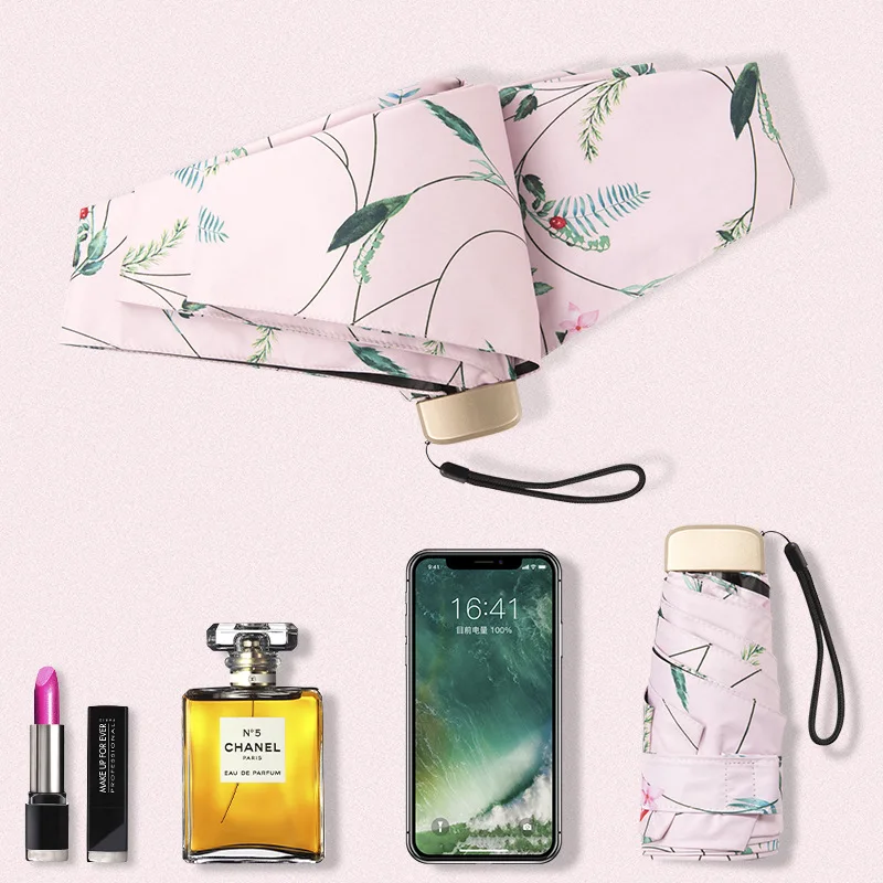 2109 New Products Ultra-Light Five-fold Umbrella Pocket Mini Parasol Sun-resistant Parasol Folding Umbrella Four Colors Flower U