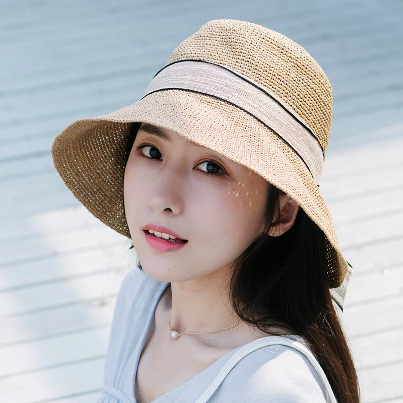 

Korean-style Summer Topee Ribbon Decoration Bucket Hat Foldable College Style Beach Hat Casual Versatile Straw Hat