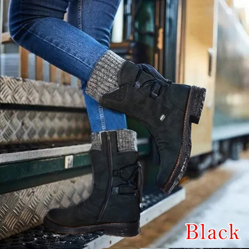 MoneRffiWomen's Mid Calf Boots Winter Woman Warm Zip Snow Boots Female PU Leather Solid Sewing Platform Shoes Women Causal Boots - Цвет: black