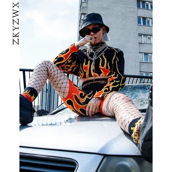 

ZKYZWX Flame Print 2 Piece Set Women Tracksuit RaveFestival Clothing Hoodies Top Shorts Sweat Suits Fall Outfits Matching Sets