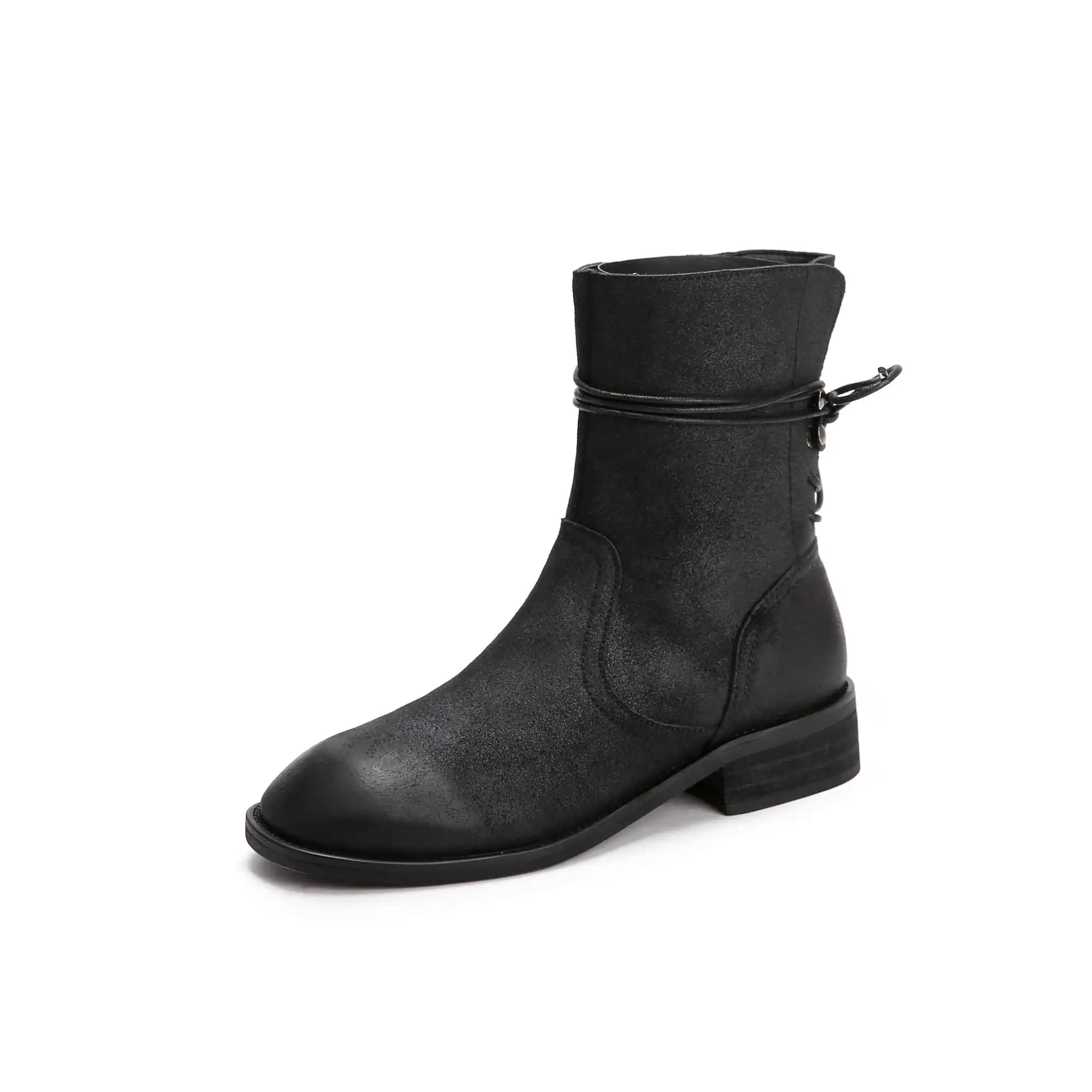 black cow suede Krazing pot/Модные Винтажные ботинки из коровьей кожи на шнуровке зимние женские ботинки до середины икры с круглым носком на среднем каблуке L2f8 - Цвет: black cow suede