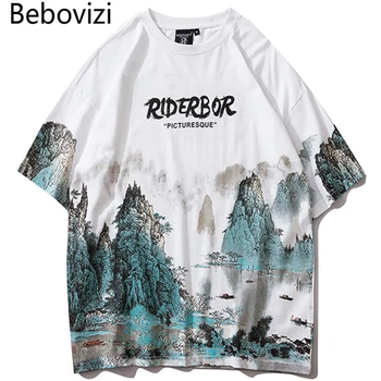 

Bebovizi Mens Hip Hop Chinese Style T Shirts Landscape Painting Streetwear Tshirt Harajuku Oversized T-Shirt Cotton Tops Tees
