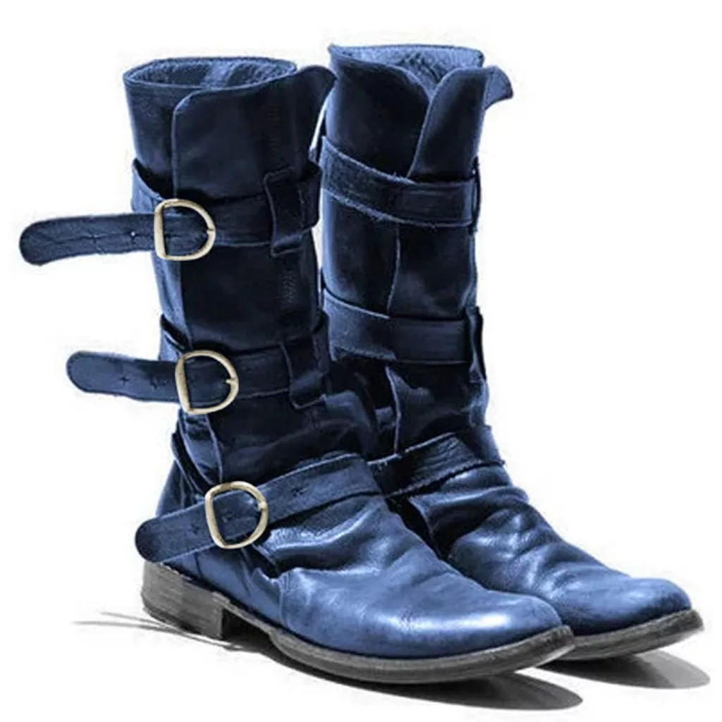 

Retro Cowboy Riding Boots Women Casual Large Size 35-43 Middle Boots Ladies Blue Round Toe Belt Buckle Shoes Knee-High Booties