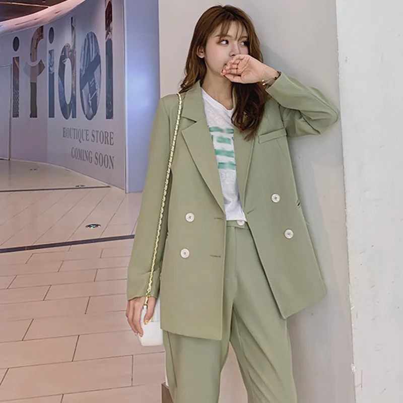 Vintage Light Green Women Suits Double Breasted Female Pant Suits Blazer Jacket & Pencil Pant Casual 2 Pieces set femme