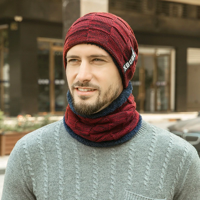Men's Knitted Hat with Velvet Padded Wool Beanie Hat Neckband Plus Fleece Thick Wool Cap Winter Knitting Cap