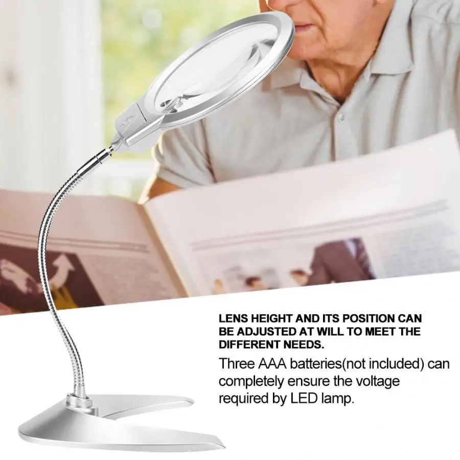 130mm Adjustable Illuminated Magnifying Glass Metal Hose Desktop Magnifier Reading Repairing Mirror Lamp with 2 LED Mirror Light
