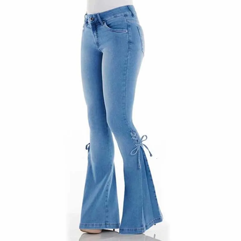 Сексуальные расклешенные джинсы с высокой талией, Ретро стиль, синие расклешенные узкие джинсы, модные женские растягивающиеся джинсовые брюки на шнуровке