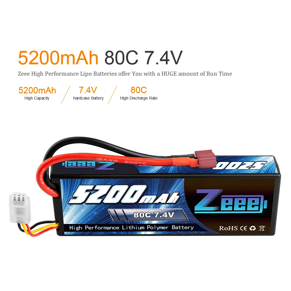 2 шт. Zeee RC Lipo батарея 7,4 V 2S 5200mAh 80C с штекером Deans RC батарея для RC автомобиля грузовика Truggy Багги Танк вертолет
