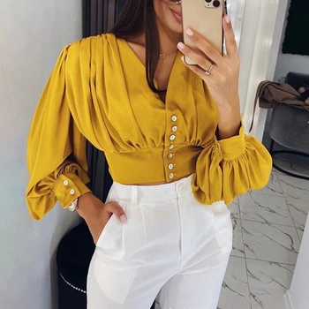 

Solid Lantern Sleeve Womens Tops and Blouse Navel Exposed Single Button V Neck Blouse Streetwear Elegant Long Sleeve Shirt Blusa