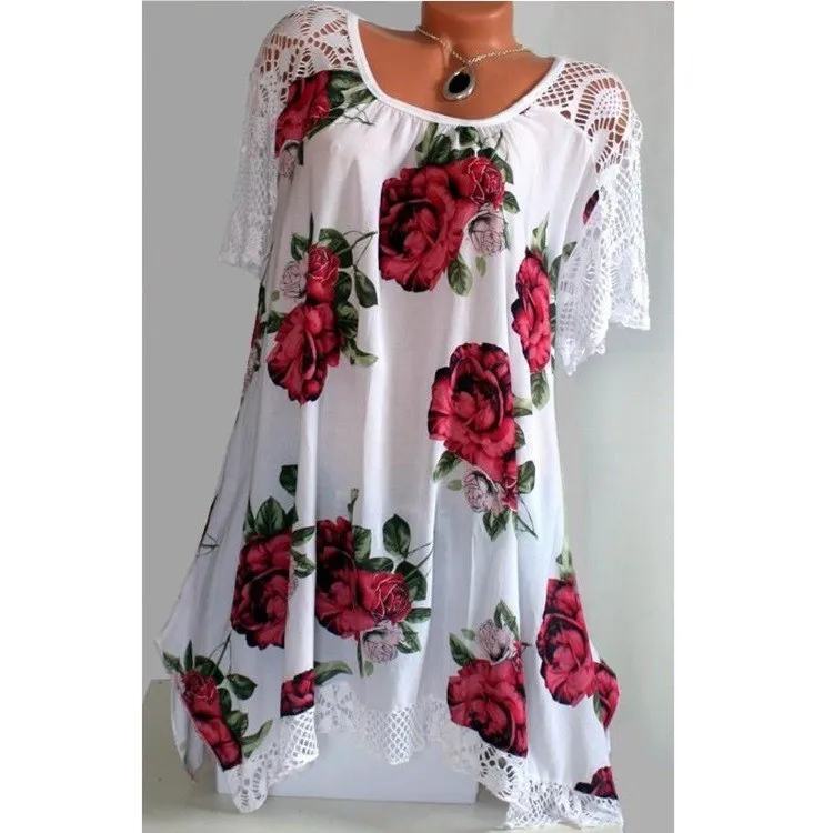 5XL красивые летние женские кружевные лоскутные рубашки размера плюс с рукавом летучая мышь с цветочным принтом