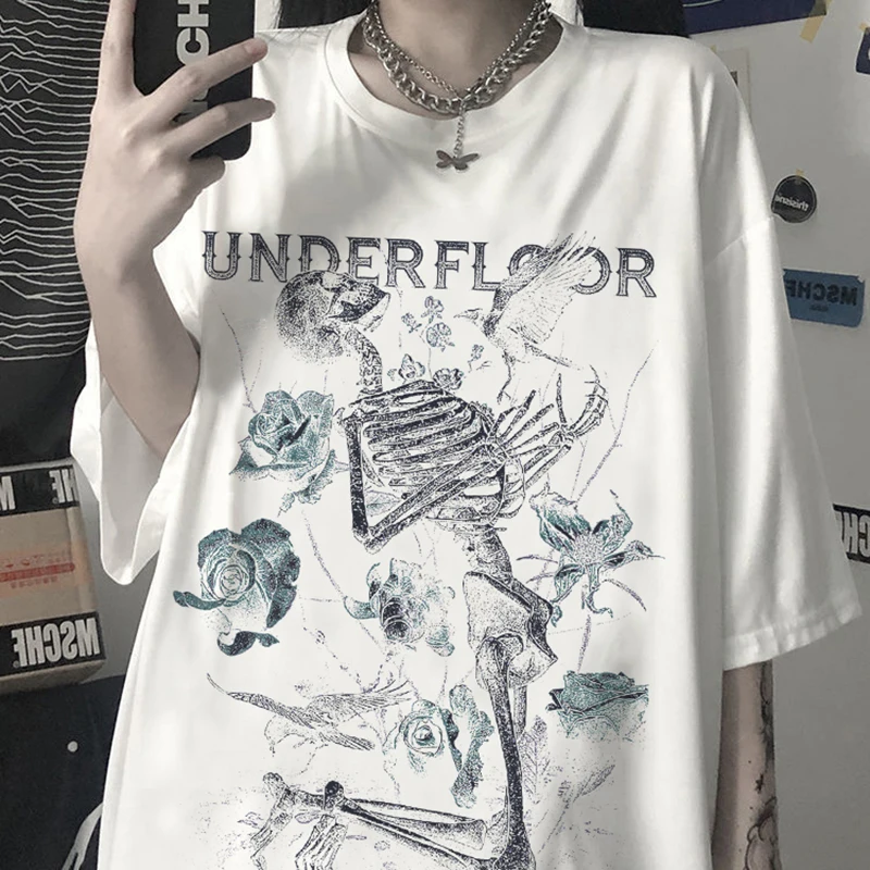 

Gothic female skeleton print grunge aesthetic punk Oversized t-shirt edgy fashion streetwear graphic summer y2k Woman clothes