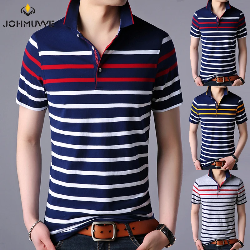 JOHMUVVE  New Men Lapel Short Sleeves Fashion Trend All-match Casual Business Work Pinstripe Multicolor Polo Men Summer