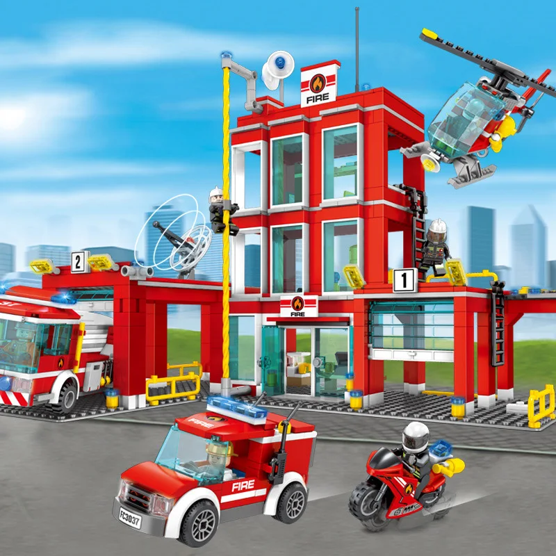 908pcs Fire Administration Model Building Blocks For Legoing City Construction Firefighter Truck Enlighten Bricks Toys Children