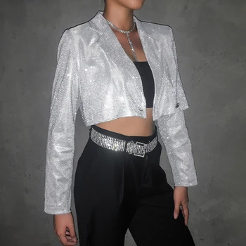

New Sexy Silver Glitter Harajuku Cropped Jacket Long Sleeve Korean Coat Women Turn-down Collar Overcoat Party Club High Street