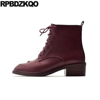 

high heel shoes wine red chunky plus size women ankle boots 2019 round toe big military winter lace up ladies 10 combat block