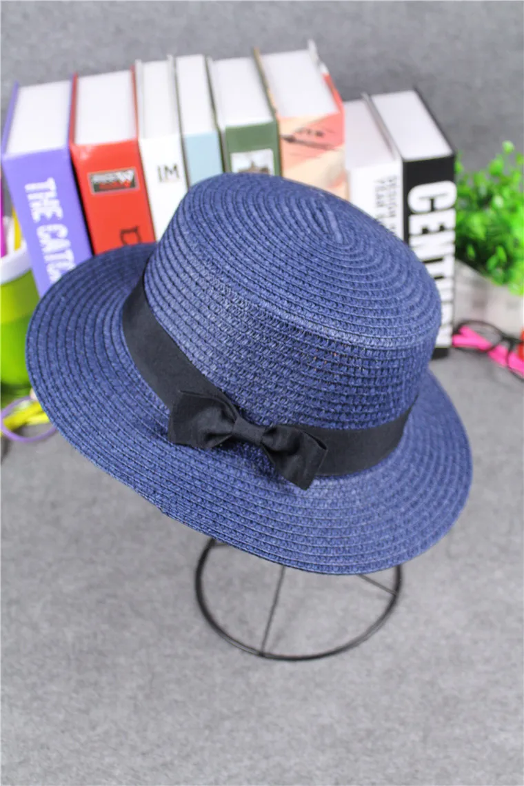 Simple Summer Adult Beach Sun Hat Female Casual Panama Hat Lady Brand Women Flat brim Bowknot Straw Cap Glris Sun Hat - Цвет: Blue