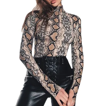 

Turtleneck Snake Print Bodysuits Women Autumn Sexy Long Sleeve Playsuits Brown Bodycon Tops Female Party Body Suits Romper Mujer