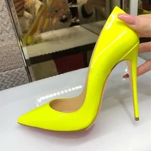 

Sexy Yellow Patent Leather Stiletto Heel Pumps 12CM 10CM 8CM Pointed Toe Shallow Dress Shoes Popular Celebrating Shoes Size 42