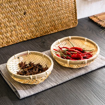 

1PC Handmade Bamboo Woven Round Storage Basket Fruit Plate Rattan Bread Baskets Kitchen Food Picnic Mini Container WY424