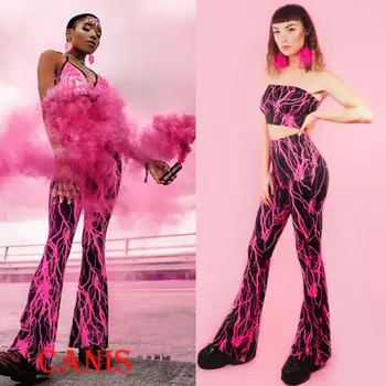 

hirigin Women Sleeveless Slash Neck Lighting Print Crop Top +Long Pants Set Casual 2 Piece Outfits