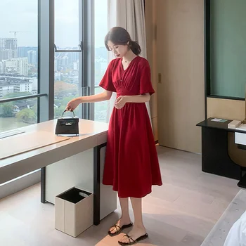 

2020 Vintage Red Chiffon Sexy Chic Midi Dresses Spring Summer Solid Plus Size Runway Dress Elegant Women Bodycon Party Vestidos