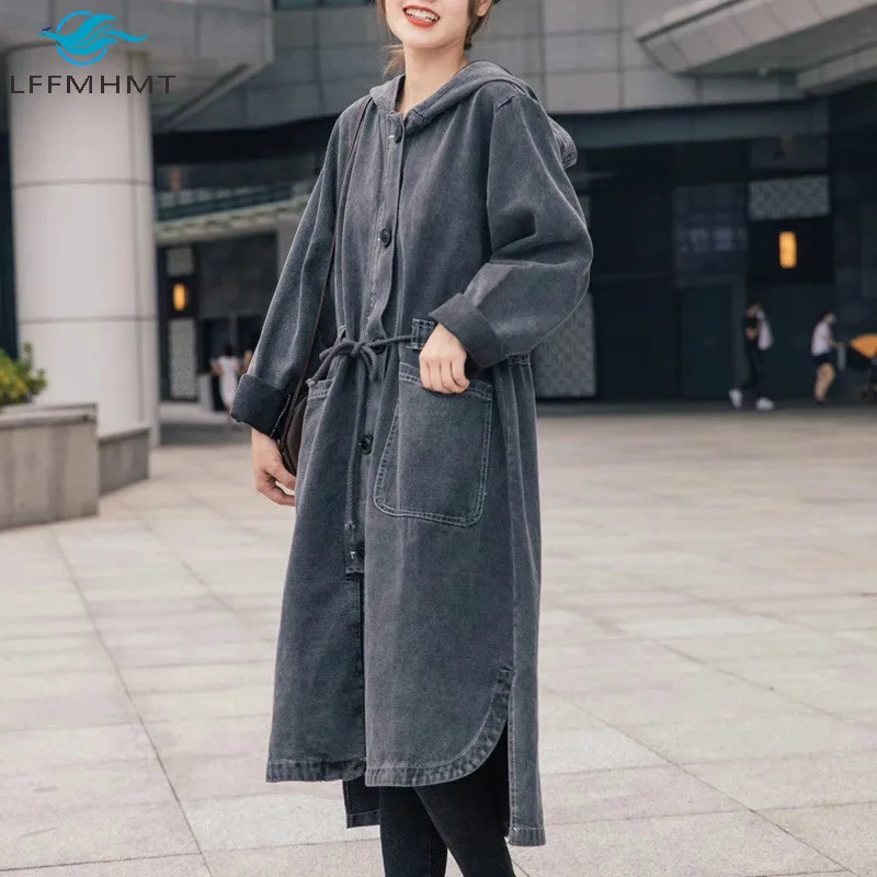 Women Spring Fall Korean Style Mid-long Single Breasted Coat Office Lady Solid Color Large Size Casual Loose Hooded Denim Trench