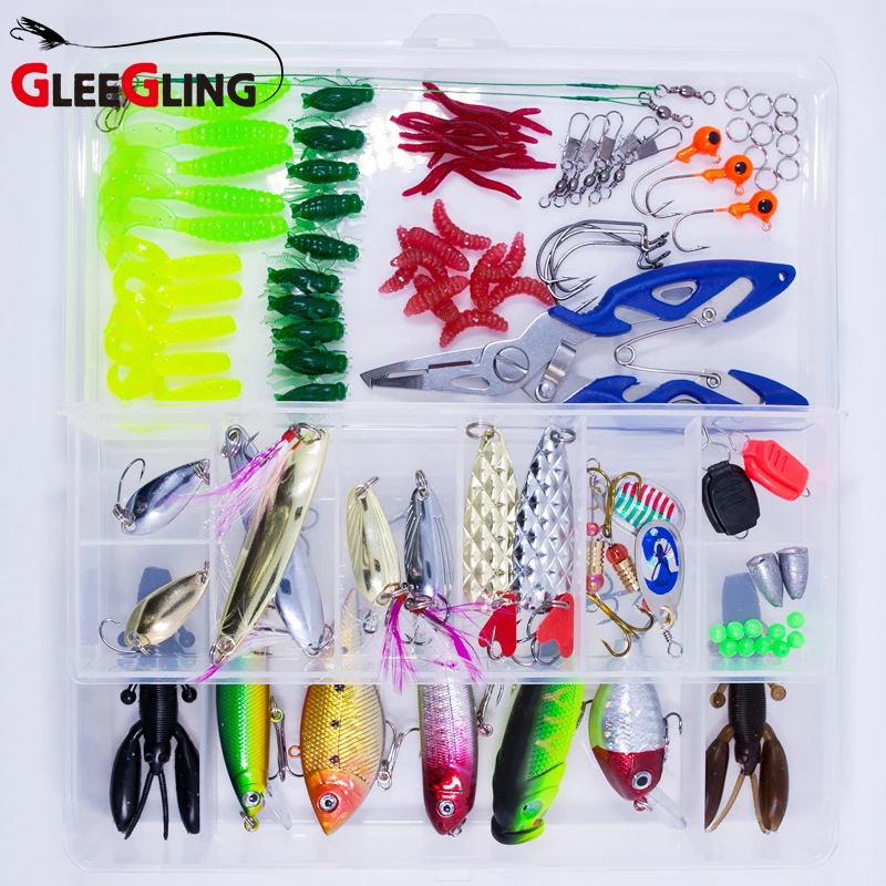 Artificial Baits Fishing Set Soft Worm Lure +Hard New Minnow Crank Popper Vib Lures 101 Pieces for Kit | Спорт и развлечения