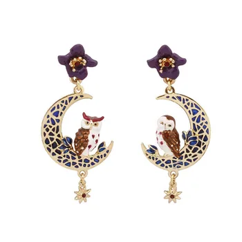 

European and American enamel glaze flower owl earrings gold-plated hollow moon stars earrings earrings women