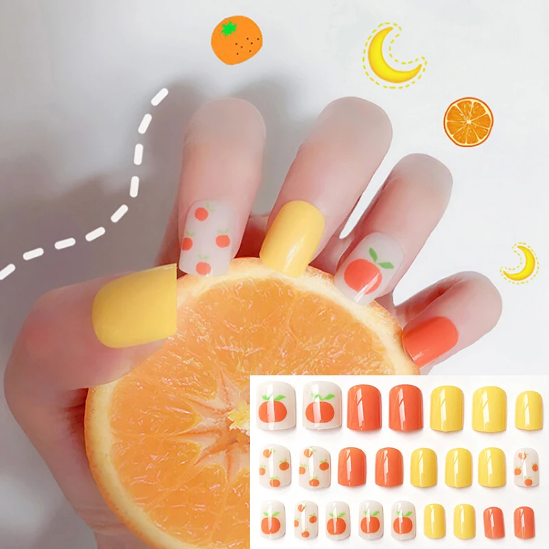 

2019NEW 24pc Yellow orange Press On Fake Nails glue provided Long Square Full Cover False Nail Tips