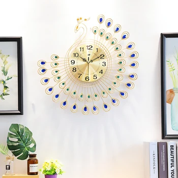 

53x53cm Large Gold Diamond peacock Wall Clock Metal Watch for Home Living Room Decoration DIY Clocks Ornaments
