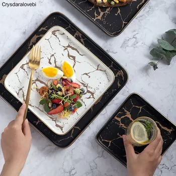 

Square Tableware Marble Plates Ceramic Dinner Set Gold Inlay Porcelain Dessert Plate Steak Salad Snack Cake Plates Wholesale