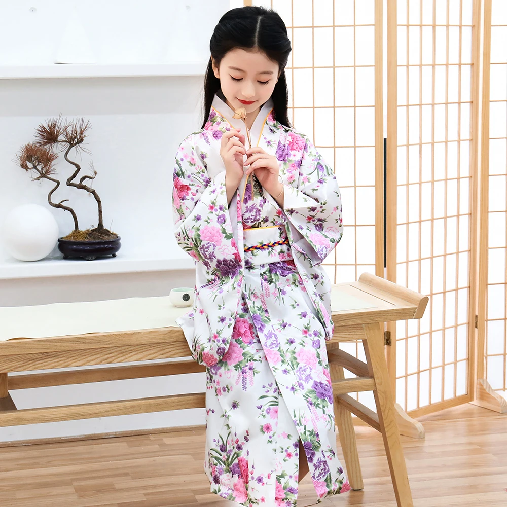 Children Girls Red Japanese Kimono Bathrobe Gown Print Flower Performance Clothing Yukata With Obitage Soft Cosplay Costume