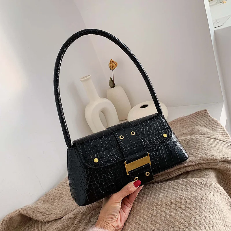 Женская Ретро мода багет популярная крокодиловая сумка на плечо Женская Повседневная сумка для покупок роскошная дизайнерская сумка - Цвет: BLACK