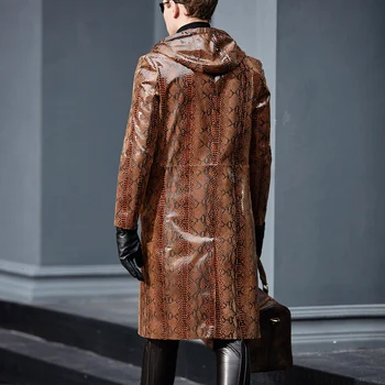 

Plus Size L-4XL Windbreaker Men Genuine Sheep Leather Long Jacket Snakeskin Pattern Single Breasted Blazer Moto Biker Coats