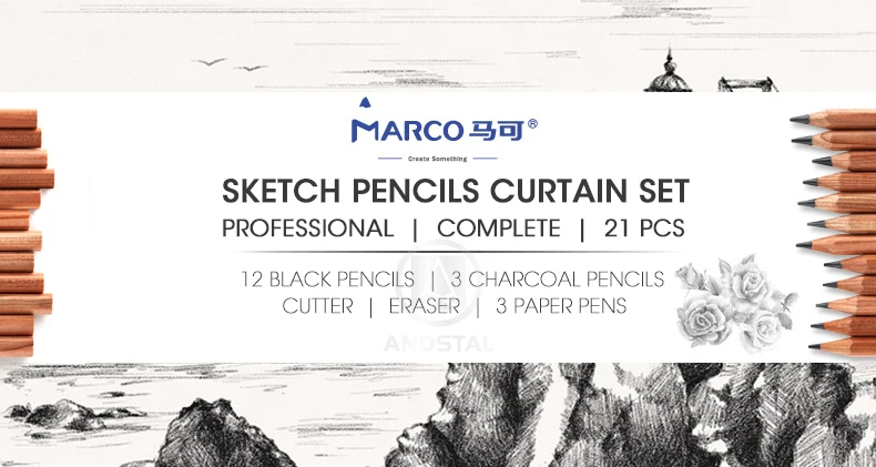 Andstal Марко 21 шт. Профессиональный эскиз рисунок набор значений набор с Черные Карандаши Угольные карандаши набор инструментов для искусства Графитовые Карандаши