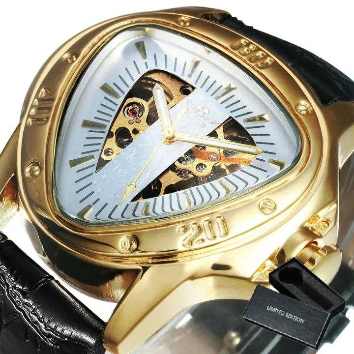 Winner Official Triangle Golden Skeleton Watch for Men Mechanical Automatic Sport Mens Watches 2021 Top Brand Luxury Clock Army 