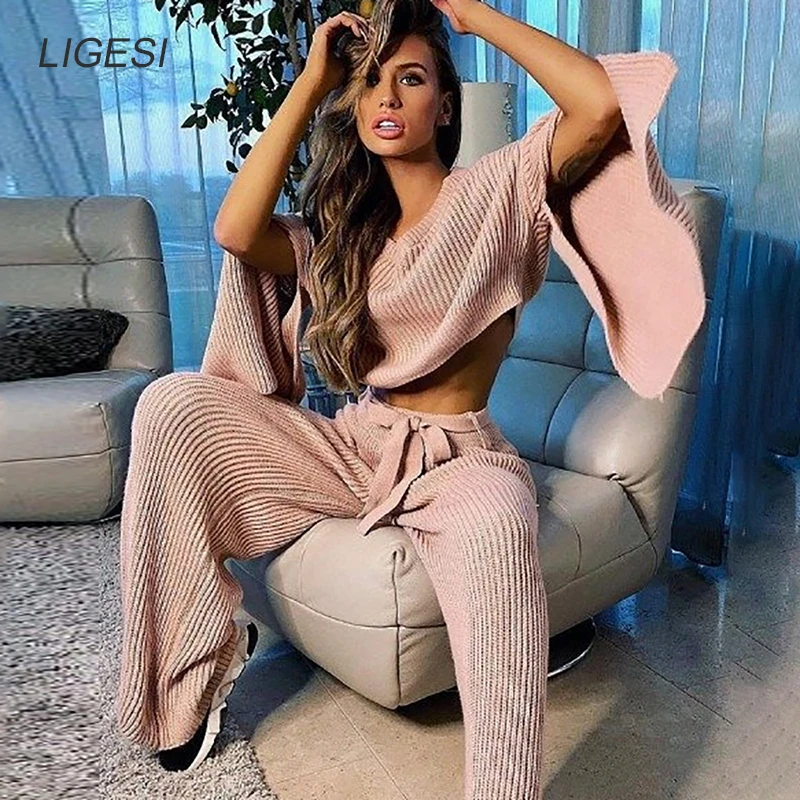 

Knitted 2 Piece Set Women Long Sleeve Crop Tops And Long Pants Sexy 2019 Winter Sweater Two Piece Set Outfits Autumn