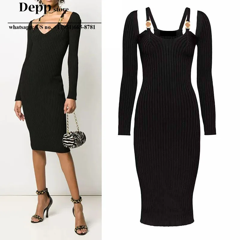 

luxury designer women GOLD Metal Shoulder Buckle Sexy Strap Slim KNITTED Long Sleeve Bodycon knitted a little black party Dress