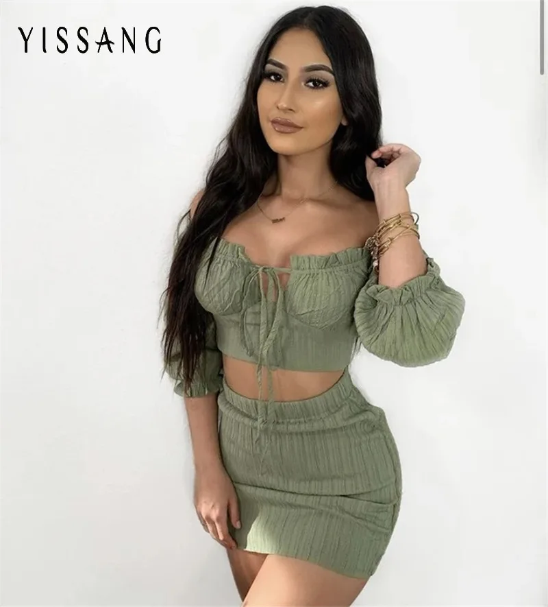 Yissang зеленый летний комплект из двух предметов с кулиской короткий топ пышными