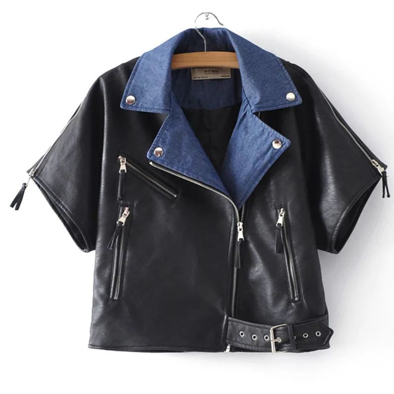 

[EWQ] 2019 Autumn New Pattern Bat Denim Patchwork Short-sleeved Locomotive Hit Color Short Jacket Loose Women Black Coats QK605