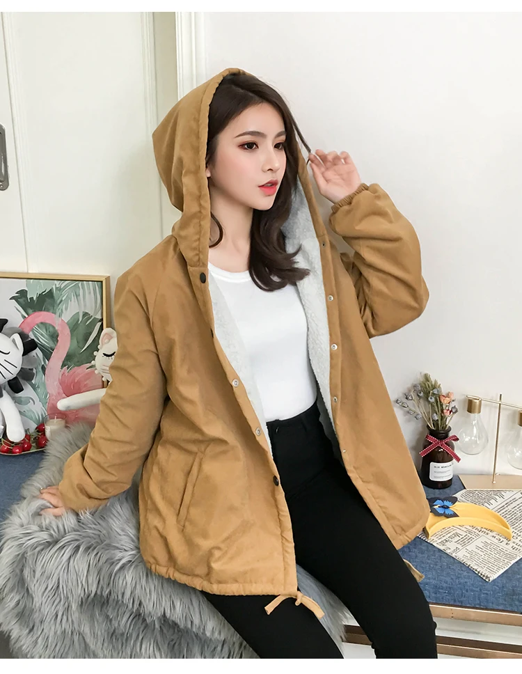 New Style Korean-style Loose-Fit Students Printed Brushed And Thick Hooded Mid-length Lambs Wool Coat Tops